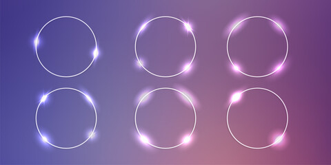 Set of six neon frames with shining effects