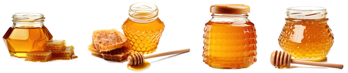 Collection of  honey jar and stick with liquid honey flowing on honeycomb pieces in a puddle isolated on transparent background