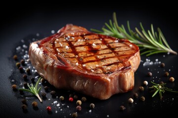 Grilled meat, beef t-bone steak with rosemary on a black stone table.