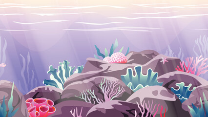 Seamless Underwater background. Ocean floor with stones, corals, algae, and shellfish. Vector