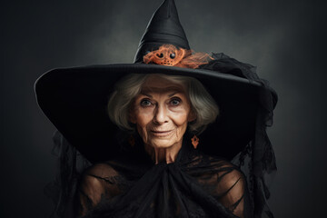 Old woman in a black hat dressed as a witch. Halloween, Thanksgiving concept