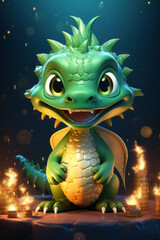 a small, cute green dragon is celebrating Christmas and New Year. symbol of the year 2024. dark background and lights