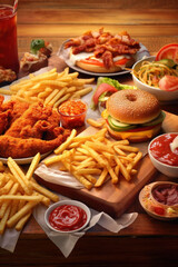 Buffet table of take out or delivery foods. hamburgers, fried chicken, french fries and sides. fast food and junk food.