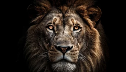 Fotobehang Majestic lion staring at camera, showcasing strength and beauty generated by AI © Stockgiu