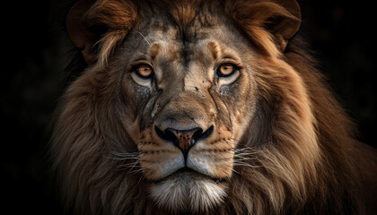 Naklejka premium Majestic lion staring with alertness, beauty in nature wildlife reserve generated by AI