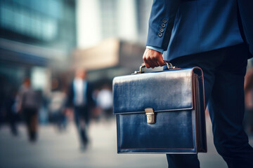 business person with briefcase walking in street with blurry background - obrazy, fototapety, plakaty