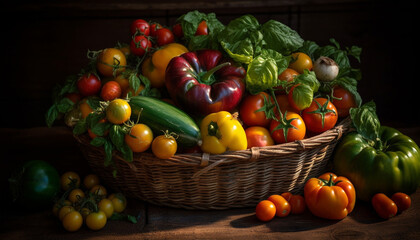 Fresh organic vegetables in a rustic wooden basket on table generated by AI