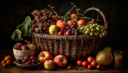 Fresh autumn harvest in rustic wicker basket with healthy variety generated by AI