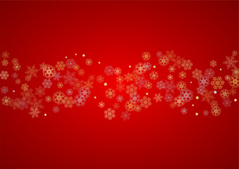 Christmas snow on red background. Glitter frame for winter banners, gift coupon, voucher, ads, party event. Santa Claus colors with golden Christmas snow. Horizontal falling snowflakes for holiday.