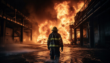 One firefighter spraying burning metal in a steel mill inferno generated by AI