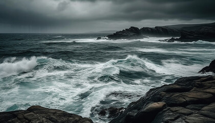 Obraz premium Rough seas crash against dramatic cliff, awe inspiring beauty in nature generated by AI