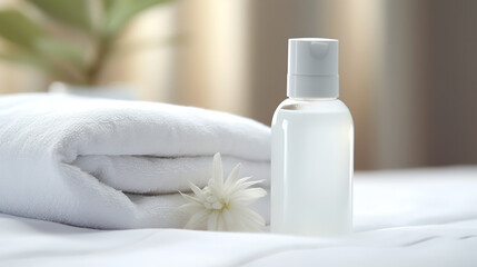 Fototapeta na wymiar Cosmetics bottle with towel on white closeup view 
