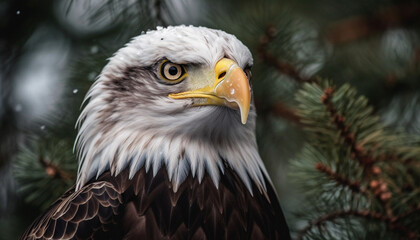 Fototapeta premium Bald eagle perching on tree branch, close up portrait, majestic beauty generated by AI