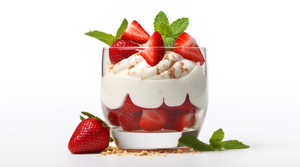 Ripe strawberries with cream in a glass cup on white background 