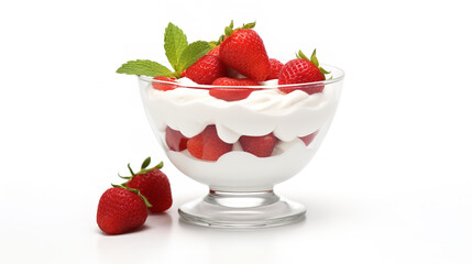 Ripe strawberries with cream in a glass cup on white background 