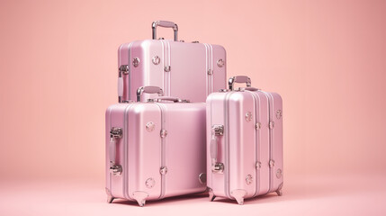 Obraz premium Silvery suitcases on a light pink background 