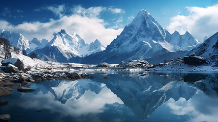 Snowy mountains reflected in the lake 