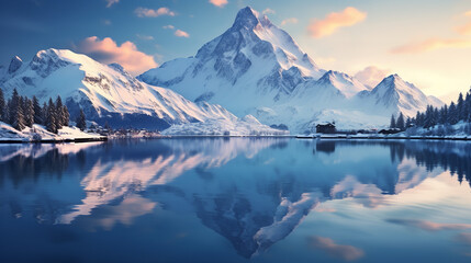 Fototapeta na wymiar Snowy mountains reflected in the lake 