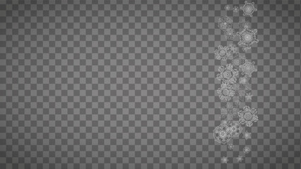 Isolated snowflakes on transparent grey background. Silver glitter snow. Horizontal Christmas and New Year design for party invitation, banner, sale. Winter window. Magic crystal isolated snowflakes