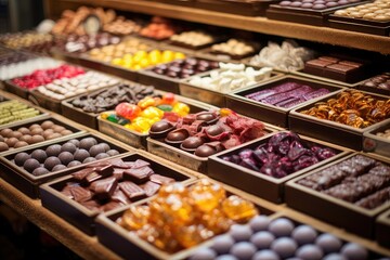 A Long and Tall Chocolate Display in a Market, Filled with a Variety of Colorful and Shiny Chocolates, Looking Very Appetizing