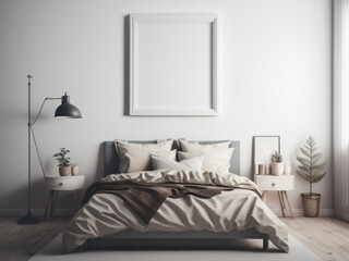 Empty photo frame mockup on a white wall. bedroom .