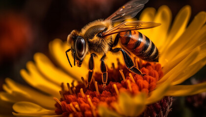 Busy honey bee collecting pollen from a vibrant yellow sunflower generated by AI