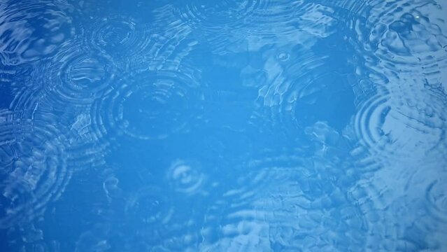 Circles on the surface of the water. Drops drip on blue water. Rain on the lake.