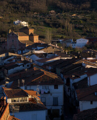 Vertical aerial view of Hervas with the Trinitarian convent of San Juan Bautista in the background