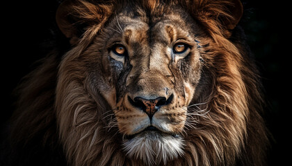 Majestic lion staring at camera in African wilderness, showcasing strength generated by AI