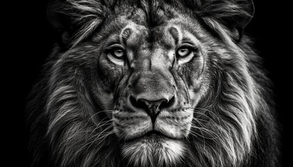 Naklejka premium Majestic lion staring at camera, watching with intense beauty generated by AI