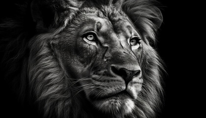 Majestic lion staring, teeth bared, in black and white portrait generated by AI