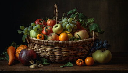 Organic harvest basket fresh vegetables, fruits, and rustic decoration generated by AI