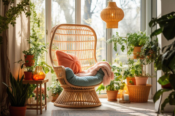 Fototapeta na wymiar Blanket and pillows on rattan armchair next to plants. Boho and cozy interior of living room. Generative AI