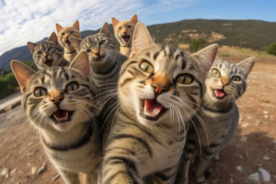 A group of cats taking a selfie on a blurred background. Generative AI