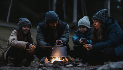 Men and women smiling, sitting by campfire, enjoying nature warmth generated by AI