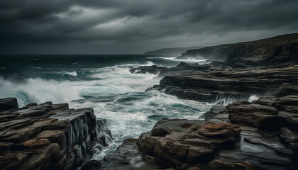 Fototapeta premium Rough seas break against rocky coastline, dramatic sky over horizon generated by AI