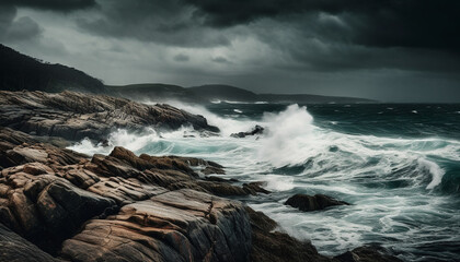Obraz premium Dark horizon over water, dramatic sky, crashing waves, rough seascape generated by AI