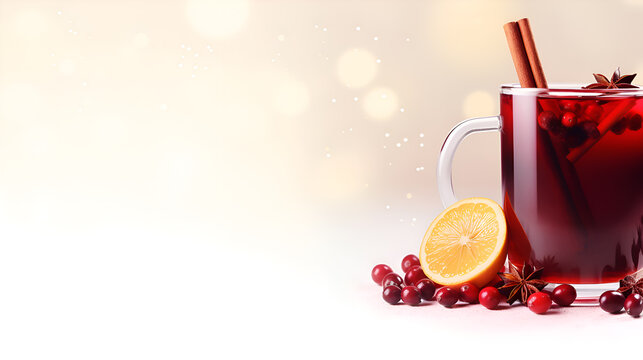 A glass of mulled wine on a light boken background, copy space. Warming drink based on red wine. Glass of hot red wine with spices, orange slice, cinnamon stick and anise stars. Mulled wine ads banner