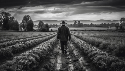 Solitary farmer walking through tranquil rural landscape, surrounded by nature generated by AI