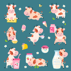 Dairy products. Cow hugs milk bottle, milkshake and yogurt, cheese and ice cream. Cartoon funny cows in various poses nowaday vector characters