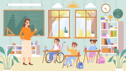 Inclusive studying in school. Disability child in wheelchair learning in class with teacher and friends. Inclusion education snugly vector scene