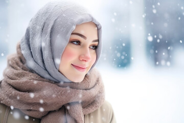 Obraz premium Elegant Muslim Woman Embracing Winter's Beauty