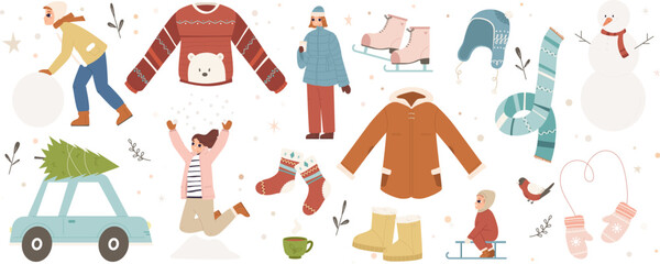 Winter casual characters, happy adults and kids. Snowy season outfits, sweater, socks and boots. Baby on sledding, teacup and snugly hat vector clipart