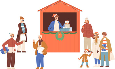 Christmas stall, winter holiday marketing. People walking and buy gifts, handmade souvenirs. Cute cartoon xmas crowd snugly vector concept