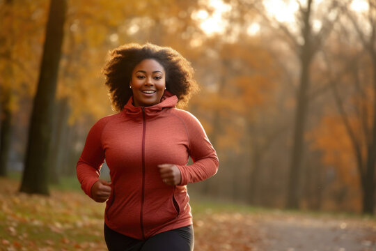 Active Autumn: Plus-Size Black Woman Jogging in the Park