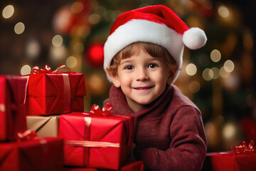 Fototapeta na wymiar Kid and a Pile of Christmas Gifts