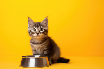 Cute Cat with Food Bowl on Yellow