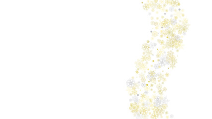 Gold snowflakes frame on black background. New year theme. Horizontal shiny Christmas frame for holiday banner, card, sale, special offer. Falling snow with gold snowflake and glitter for party invite