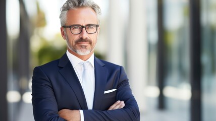 Fototapeta premium Happy business man in suit, businessman portrait, background with copy space