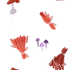Witch seamless pattern. Potions made from dried herbs, dried flowers, fly agarics and purple toadstools. Halloween wrapping paper. Autumn decor. Watercolor illustration for fabric and wallpaper. 